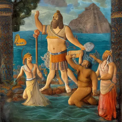 Prompt: The performance art shows a mythological scene. A large, bearded man is shown seated on a throne, surrounded by sea creatures. He has a trident in one hand and a shield in the other. Behind him is a large fish, and in front of him are two smaller creatures. Ancient Egyptian, azure by John Wilhelm, by William Gropper haunting