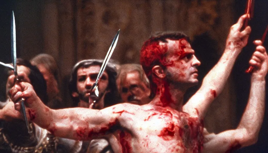 Prompt: 1 9 7 0 s movie still close - up by of men murdering caligula with daggers in a neoclassical room, cinestill 8 0 0 t 3 5 mm eastmancolor, high quality, heavy grain, high detail, dramatic light, ultra wide lens, anamorphic, blood, bleeding