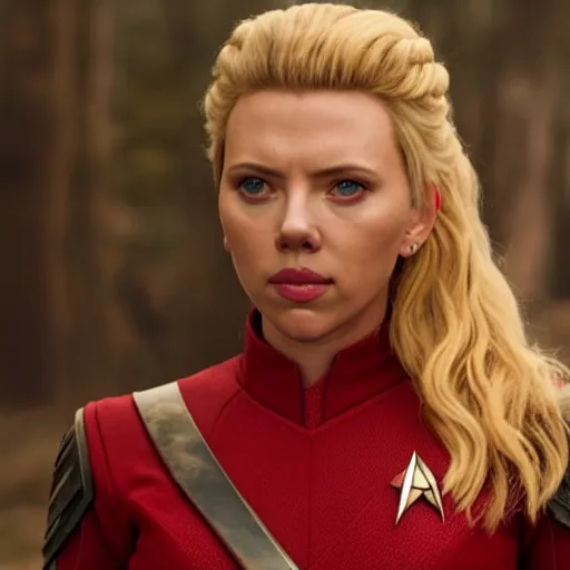 Image similar to starfleet uniform, portrait of scarlett johansson as lagertha, in starfleet uniform, from the tv series vikings