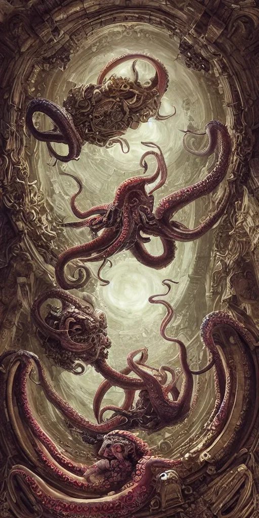 Image similar to epic fight of colorful Ouroboros and enormous octopus floating around inside an ancient mage castle hall colossal scale, gothic and baroque, brutalist architecture, ultradetailed, intricate details by Ellen Jewett and Ayami Kojima