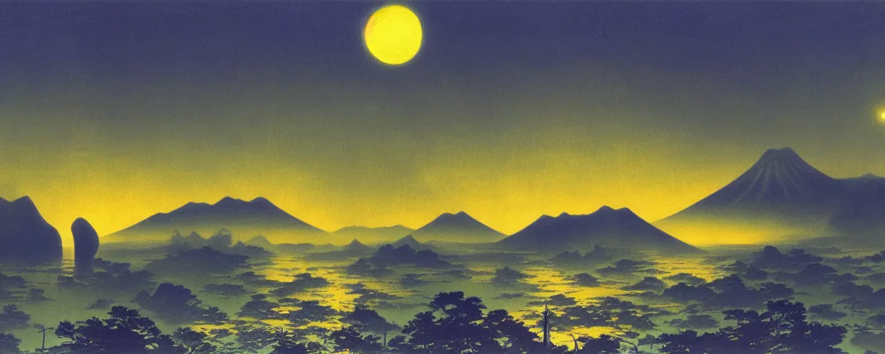Image similar to awe inspiring bruce pennington landscape, digital art painting of 1 9 6 0 s, japan at night, 4 k, matte, blue and yellow, old