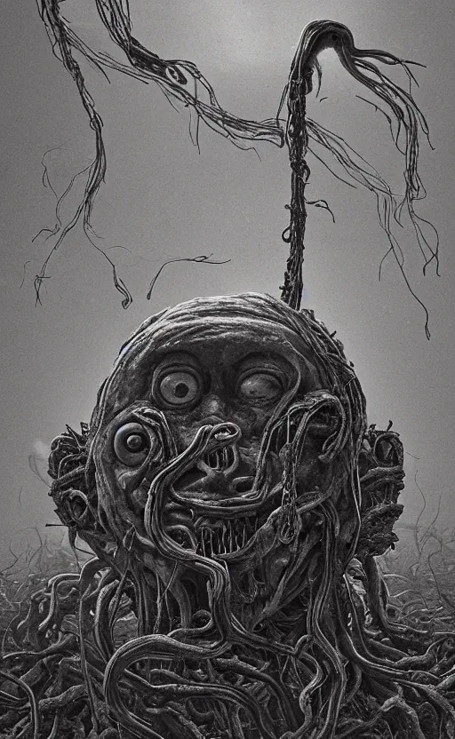 Image similar to thomas the tank engine in style of zdzisław beksinski, extremely dramatic lighting, 8 k, tendrils, black, darkness, black slime tendrils, infected, rust, body horror, thomas the train, thomas the tank engine face, horror,