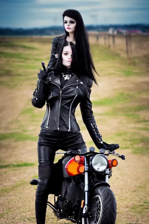 Prompt: full - length photo, young woman, riding a motorcycle, gothic clothes, red high heels, leather jacket, 4 k, colourful