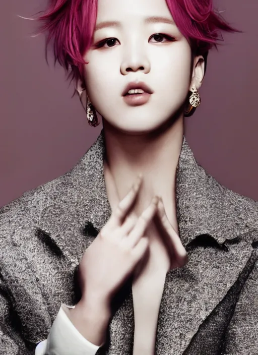 Image similar to jimin styled by nick knight posing, couture, vogue magazine, highly realistic. high resolution. highly detailed. dramatic. 8 k. 4 k.