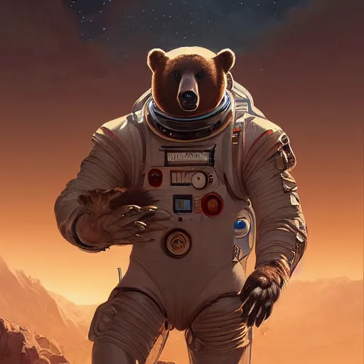 Prompt: bear in a astronaut suit fighting a robot, intricate, highly detailed, digital painting, artstation, concept art, smooth, sharp focus, illustration, Unreal Engine 5, 8K, art by artgerm and greg rutkowski and alphonse mucha