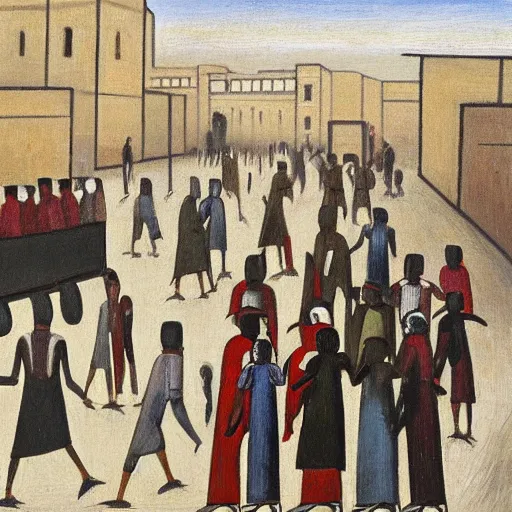 Image similar to painting of egyptian commuters heading to the central business district of cairo, painted by laurence stephen lowry, oil on canvas, national gallery