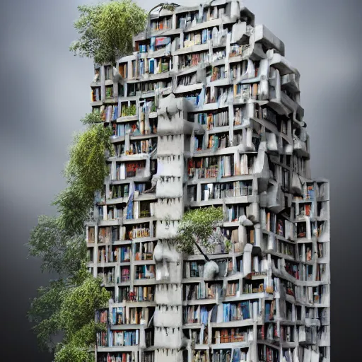 Prompt: a building made of books, photorealistic, detailed, surrealist architecture, behance, trending on artstation, archdaily