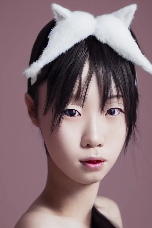 Image similar to aesthetic photograph of alluring young Japanese woman wearing white cat ears, by Nick Knight and jia ruan, headshot, cosplay, realistic, photorealistic, HD, 4k resolution