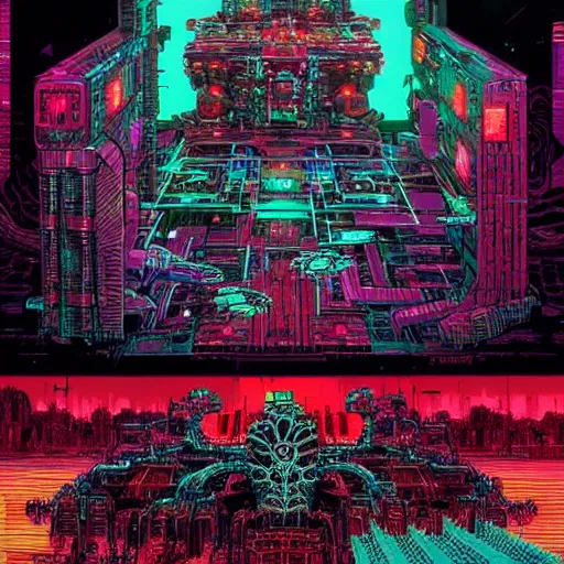 Image similar to a synthesizer from hell, cyberpunk concept art by josan gonzales and philippe druillet and dan mumford and enki bilal and jean claude meziere