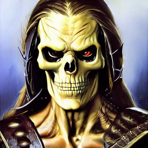 Image similar to ultra realistic portrait painting of skeletor as legolas, art by frank frazetta, 4 k, ultra realistic, highly detailed, epic lighting