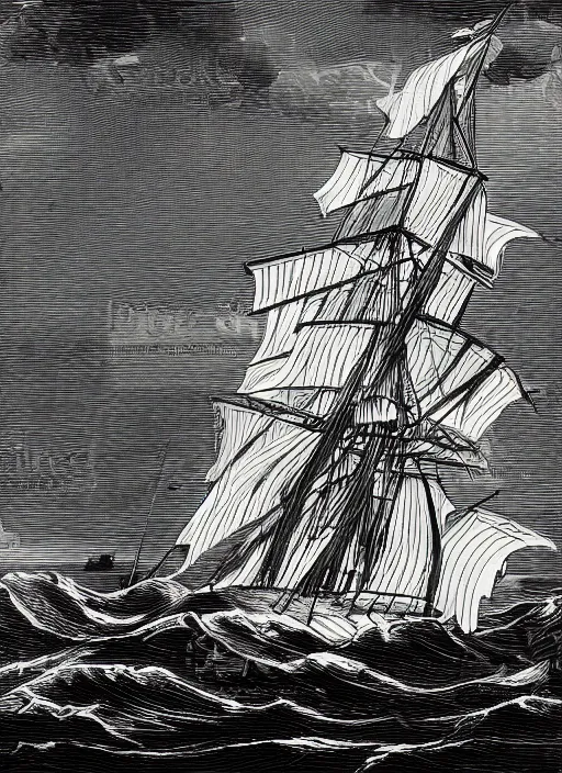Image similar to rear of photo realistic galleon in rough seas, art by piranesi, woodblock print, black and white, vector, vector art