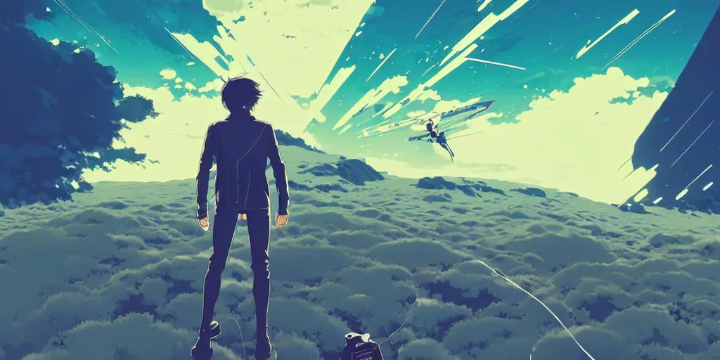 Image similar to poster of a kamen rider rx by ilya kuvshinov, cloudy sky background lush landscape ln illustration concept art anime key visual trending pixiv by victo ngai fanbox by greg rutkowski makoto shinkai takashi takeuchi studio ghibli