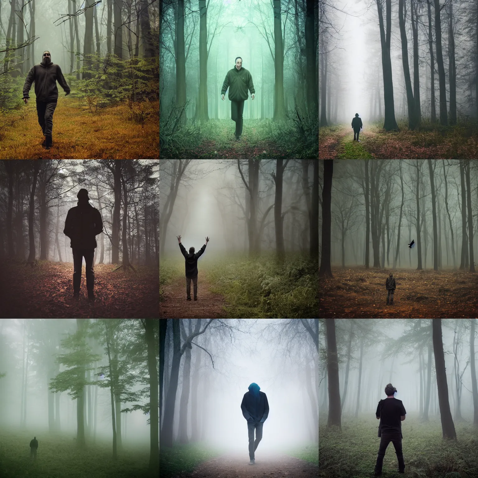Prompt: mysterious and scary forest, mist, birds, a little weird man , 90's look, photo