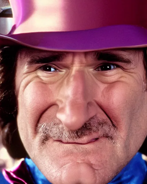 Image similar to Film still close-up shot of Robin Williams as Willy Wonka from the movie Willy Wonka & The Chocolate Factory. Photographic, photography