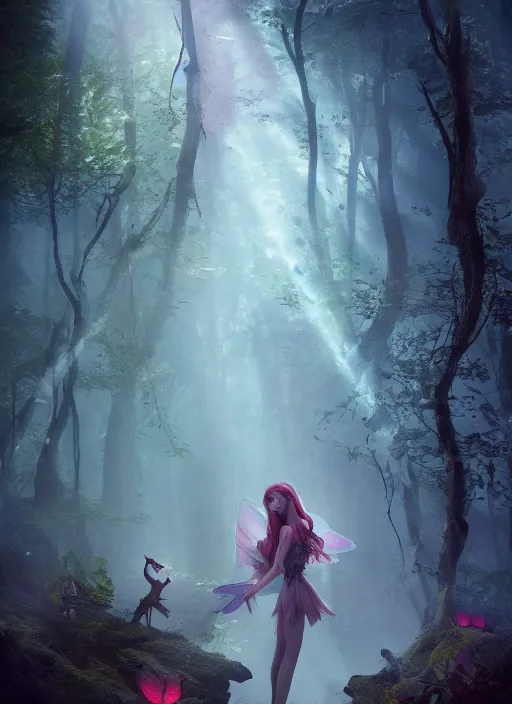 Prompt: whimsical fairy in a dark fantasy forest, trending on cgsociety, luminous lighting, 4 k, artstation contest winner, ilya ozornin, ruslan pronin, rajmund kanelba, foggy atmosphere, god rays, portrait!!, tarot, d & d, full body