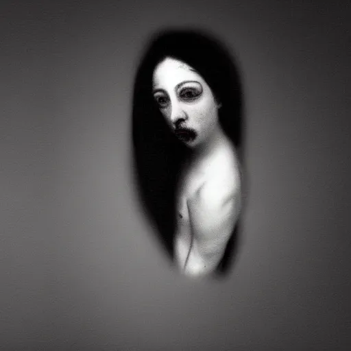Prompt: Disturbing reimagining of a famous painting, creepy, insane, black and white, blurred