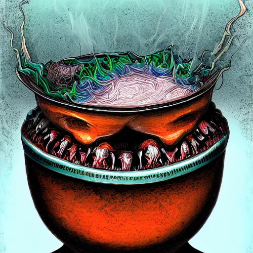 Image similar to a bowl of boiling imagination, super freaky, ultra detailed, digital painting