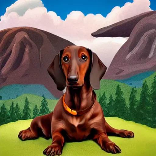 Prompt: black and brown dachshund sitting on top of a hill, matte painting, cartoon, in frame