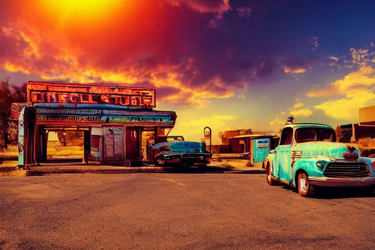 Image similar to a sunset light landscape with historical route 6 6, lots of sparkling details and sun ray ’ s, blinding backlight, smoke, volumetric lighting, colorful, octane, 3 5 mm, abandoned gas station, old rusty pickup - truck, beautiful epic colored reflections, very colorful heavenly, softlight