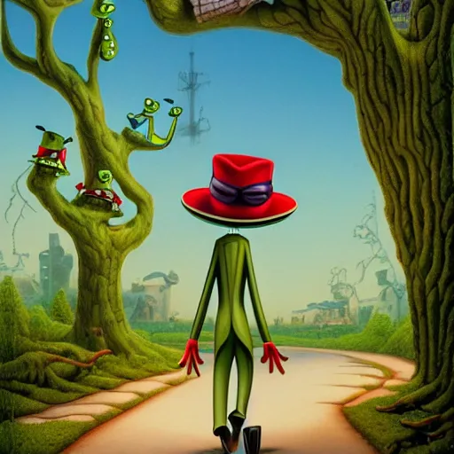 Prompt: highly detailed matte painting in the style of michigan j. frog, a tree frog walking down the road by mark ryden, chuck jones, lowbrow, 8 k resolution