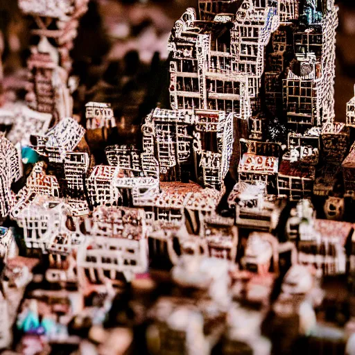 Image similar to macro photo of a miniature secret hidden world with tiny buildings and people covered in milk