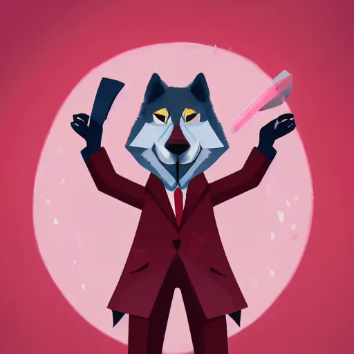 Image similar to an anthropomorphic wolf wearing a suit holding a knife dripping with maroon liquid, digital art, well lit