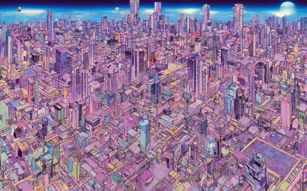 Image similar to DMT city, concept art by hirohiko araki and moebius
