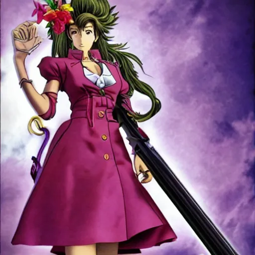 Image similar to aerith gainsborough in jojos bizarre adventure, high quality