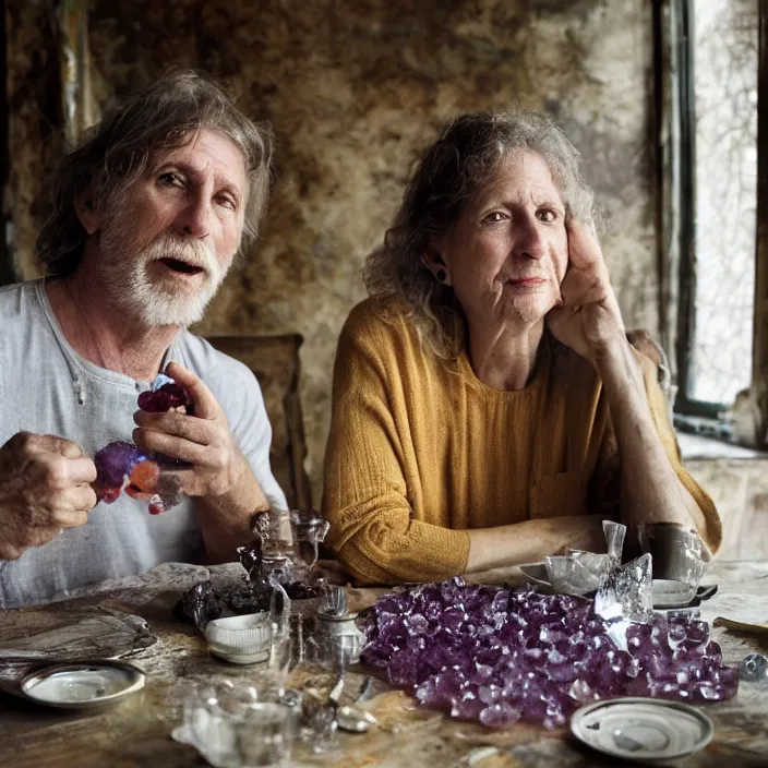 Prompt: closeup portrait of a couple eating colorful crystal geodes at a dining table, in a desolate abandoned house, by Annie Leibovitz and Steve McCurry, natural light, detailed face, CANON Eos C300, ƒ1.8, 35mm, 8K, medium-format print