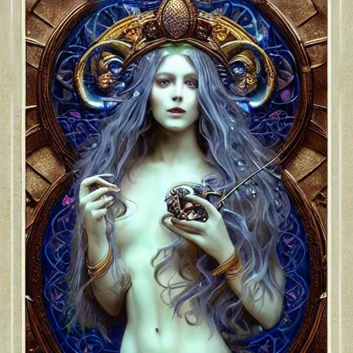 Image similar to portrait of siren queen made with porcelain by Jeff Easley and Peter Elson + beautiful eyes, beautiful face + symmetry face + border and embellishments inspiried by alphonse mucha, fractals in the background, galaxy + baroque, gothic, surreal + highly detailed, intricate complexity, epic composition, magical atmosphere + masterpiece, award winning + trending on artstation