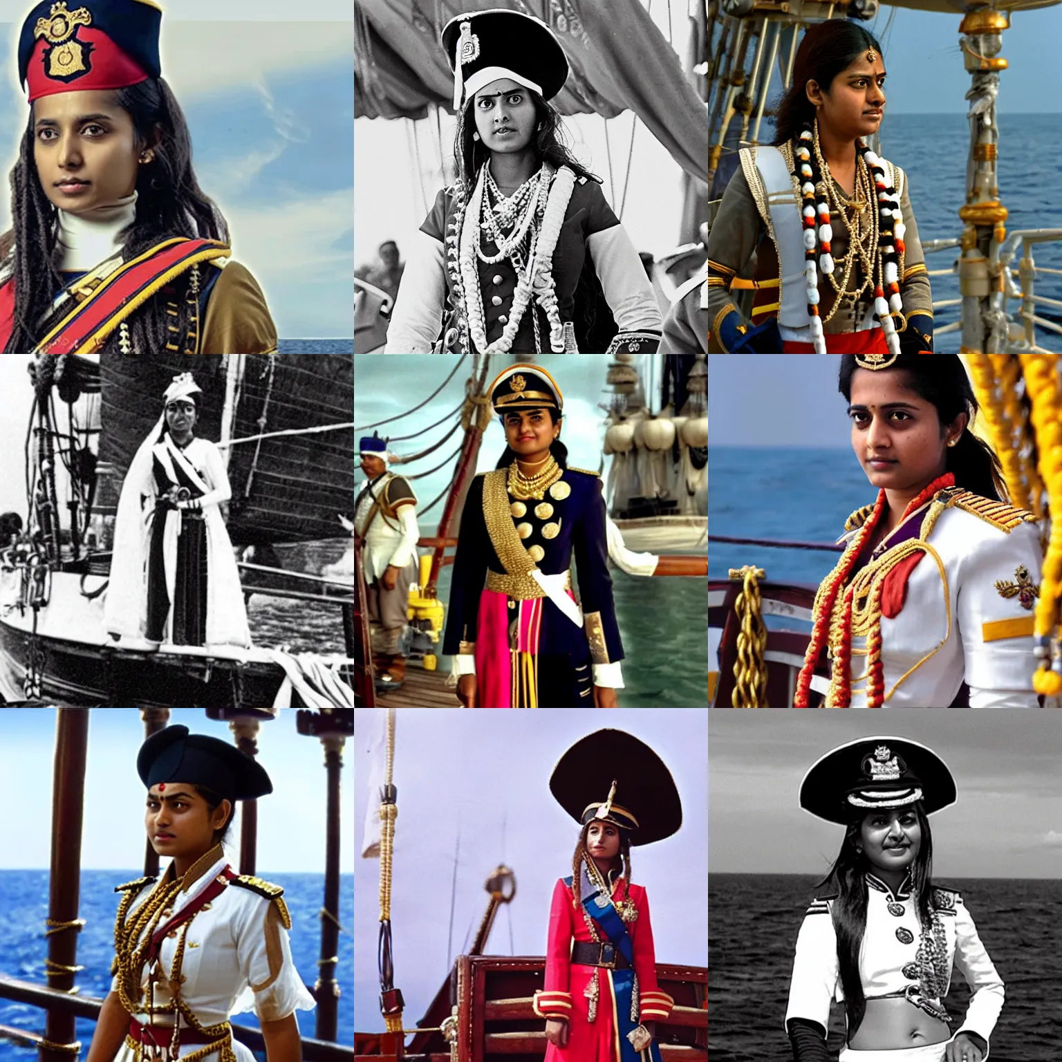 Prompt: A young Indian woman admiral in the Royal Navy, wearing full dress uniform, standing on the deck of her ship, film still from Pirates of the Caribbean