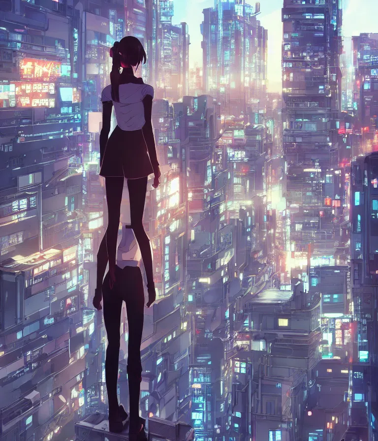 Image similar to a girl stands on top of a multi-storey building, anime style, 4k, cyberpunk city in the background, HD, artstation, very detailed, by Ilya Kuvshinov