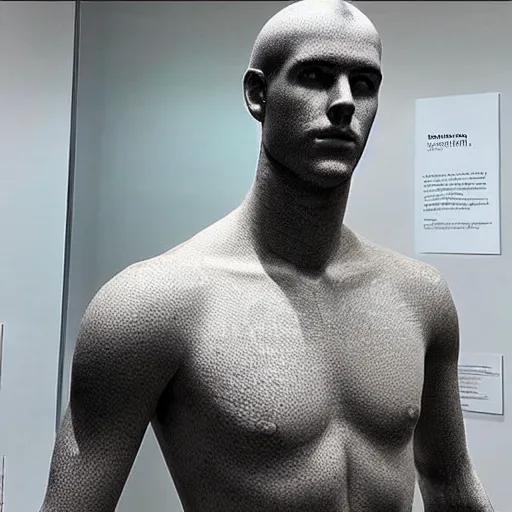 Image similar to “a realistic detailed photo of a guy who is an attractive humanoid who is half robot and half humanoid, who is a male android, actor Liam Hemsworth, shiny skin, posing like a statue, blank stare, at the museum, on display”