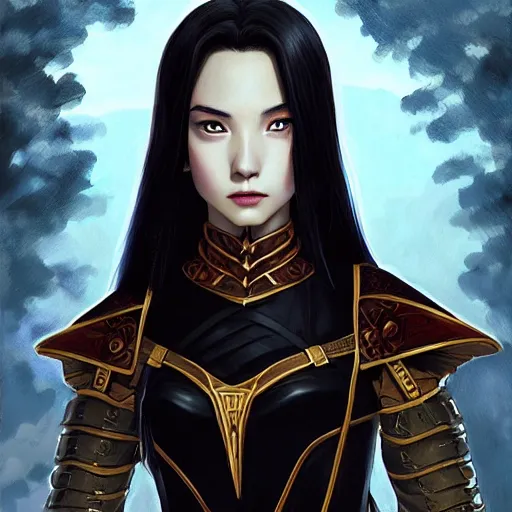 Image similar to Portrait of teenage sorceress Azula wearing skintight black leather armor, Avatar the Last Airbender, Dungeons and Dragons, Lord of the Rings, intricate, elegant, highly detailed, digital painting, artstation, concept art, smooth, sharp focus, illustration, art by artgerm and greg rutkowski and alphonse mucha and andrei riabovitchev