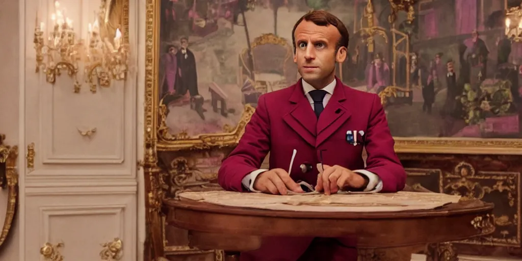 Prompt: still of Emmanuel Macron in The Grand Budapest Hotel (2014), cinematic
