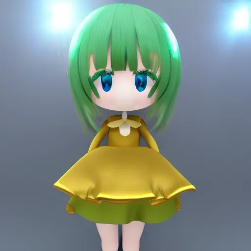 Image similar to cute fumo plush of a girl in a green and gold and blue shiny dress, lens flare, anime girl, vray