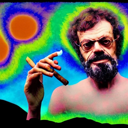 Image similar to terence mckenna, up close at uluru, smoking a cigar, stars, in the style of psychedelic surrealism, 4 k