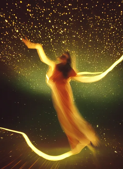 Image similar to elegant female ascending into the sky, glowing aura, motion blur, out of focus, film grain, cinematic lighting, experimental film, shot on 1 6 mm, soft lighting