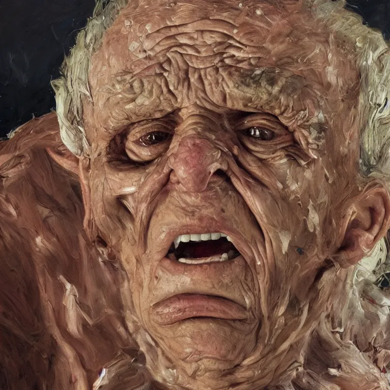 Image similar to warmly lit close up studio portrait of aging angry!! screaming! old Elaine Benes age 115 wrinkled furious!, impasto oil painting thick brushstrokes by Lucian Freud and Cy Twombly and Tim Hawkinson , trending on artstation dramatic lighting Expressionism