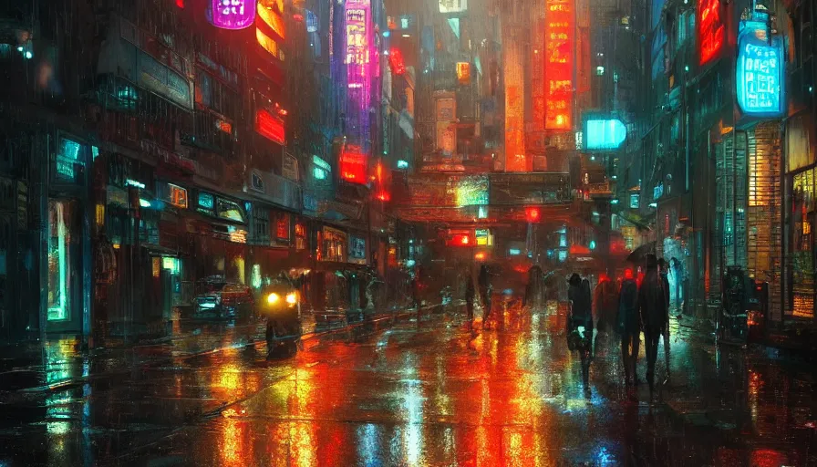 Prompt: city street in 8 0 s decade of xx century in early evening by neon lights during rain, shadows, reflections, epic composition, intricate, elegant, volumetric lighting, digital painting, highly detailed, artstation, sharp focus, illustration, concept art, ruan jia, steve mccurry
