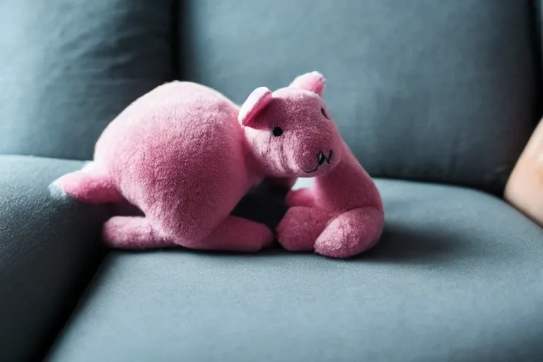 Image similar to a high quality 3 5 mm photo of a pink chubby stuffed animal kangaroo with dark blue shirt sitting on a couch, an ultrafine detailed photo, trending on artstation, sharp focus, baby toy