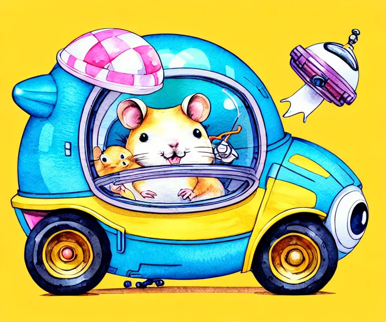 Image similar to cute and funny, hamster wearing a helmet riding in a tiny rocket ship, ratfink style by ed roth, centered award winning watercolor pen illustration, isometric illustration by chihiro iwasaki, edited by range murata, tiny details by artgerm and watercolor girl, symmetrically isometrically centered, focused