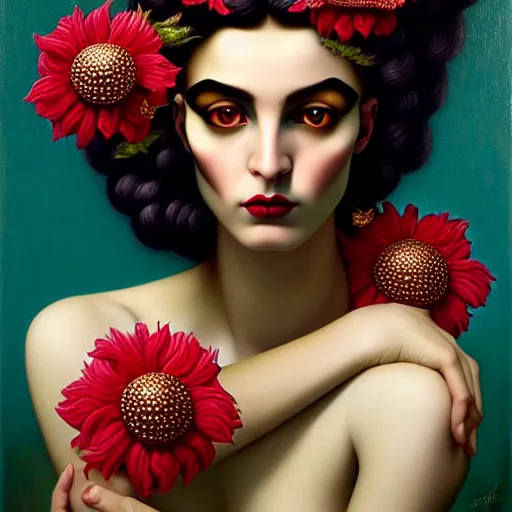 Image similar to dynamic composition, a painting of a woman with hair of flowers and raven plummage wearing ornate earrings, a surrealist painting by tom bagshaw and jacek yerga and tamara de lempicka and jesse king, featured on cgsociety, pop surrealism, surrealist, dramatic lighting, wiccan, pre - raphaelite, ornate gilded details