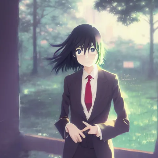 Prompt: cute tomoko kuroki watamote portrait fantastically detailed green eyes green eyes green eyes beige suit red tie by greg rutkowski makoto shinkai kyoto animation ultrahd award winning 4 k 8 k digital art