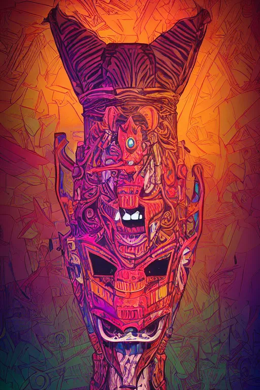 Image similar to totem animal tribal chaman vodoo mask feather gemstone plant wood rock video game illustration vivid color borderlands by josan gonzales and dan mumford radiating a glowing aura global illumination ray tracing