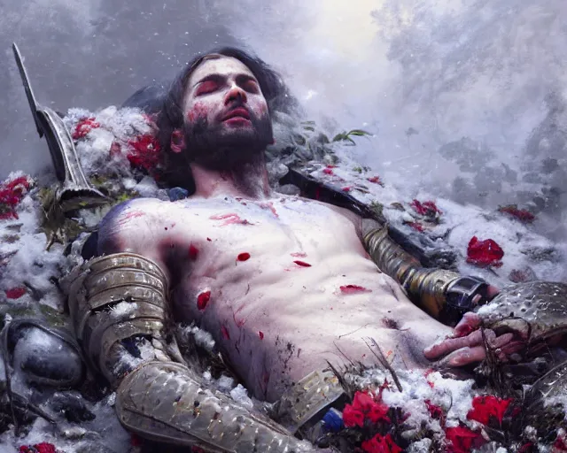 Image similar to Highly realistic oil painting of a wounded knight lying in the snow, surrounded by blue flowers, blood on flowers, by greg rutkowski, highly detailed, cinematic lighting, moody, dark