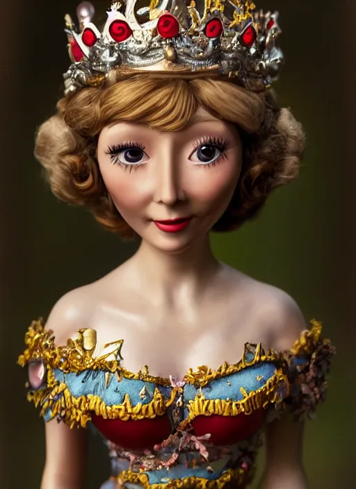 Image similar to closeup face profile portrait of tin toy felicity kendal as a fairytale princess wearing a crown eating cakes, bikini, depth of field, zeiss lens, detailed, symmetrical, centered, fashion photoshoot, by nicoletta ceccoli, mark ryden, lostfish, breathtaking, 8 k resolution, extremely detailed, beautiful, establishing shot, artistic, hyperrealistic, octane render