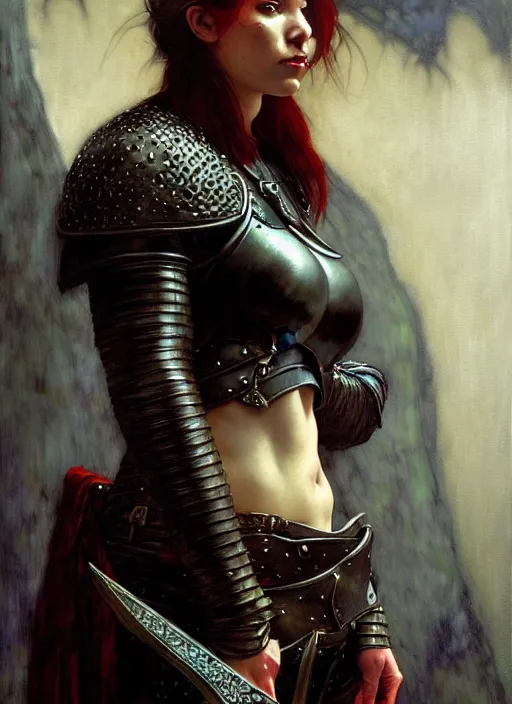 Image similar to female thief, leather armor, full body, hyper realistic, extremely detailed, dnd character art portrait, dark fantasy art, intricate fantasy painting, dramatic lighting, vivid colors, deviantart, artstation, by edgar maxence and caravaggio and michael whelan and delacroix.