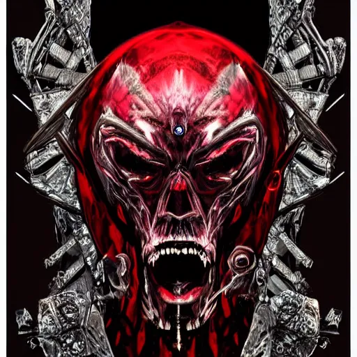 Prompt: a dark matter schizophrenia sphare limbo digital art angry portrait demon in iron armor with diamonds sits on the black throne of death and looks with red eyes into the darkness against the background of a bright red sun