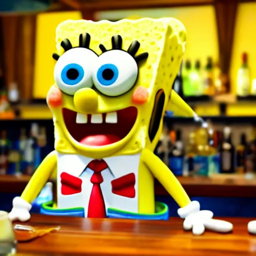 Image similar to photorealistic portrait of spongebob drinking in a spanish bar, hyper realistic, hyper detailed, unreal engine 5, octane render